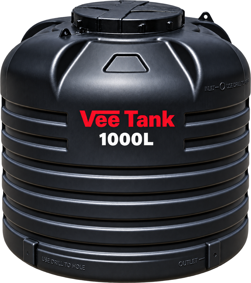 A black Vee Tank 1,000 L cylindrical water tank, with the red Vee Tank wordmark and the capacity printed in white.