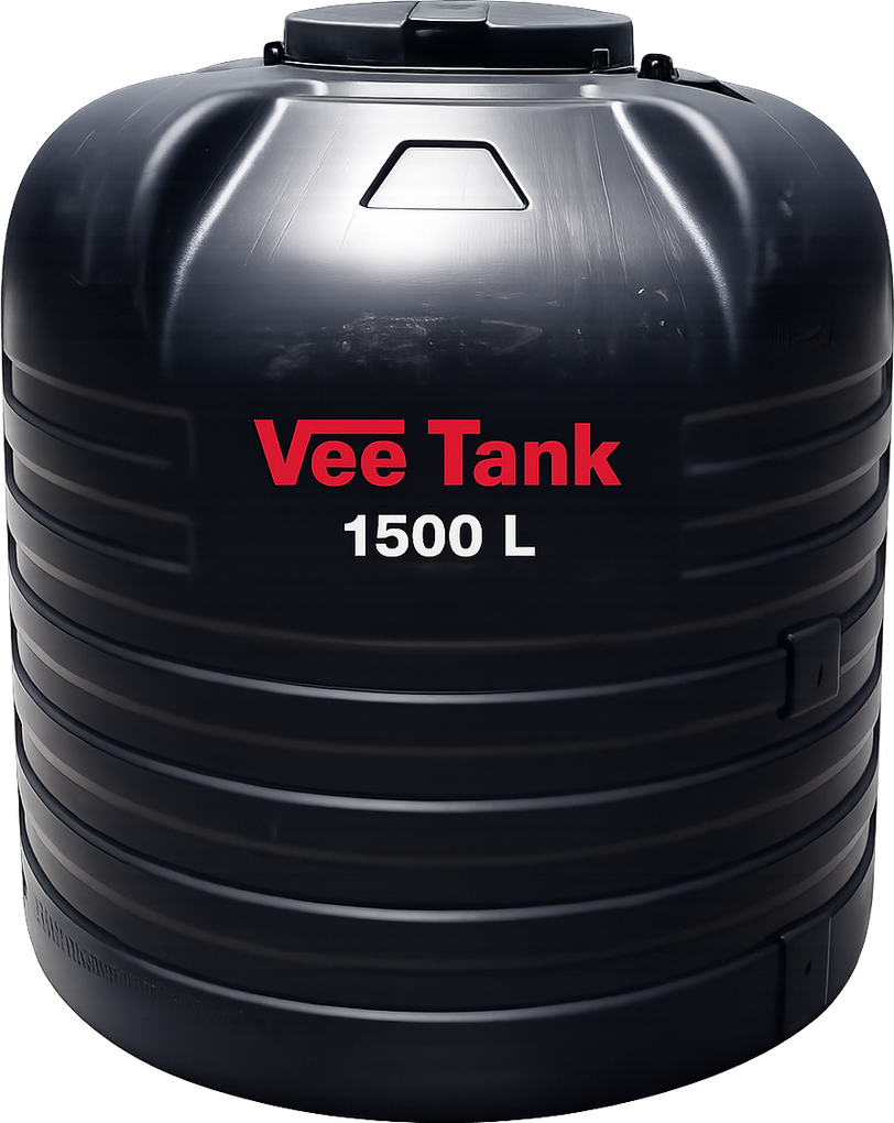 A black Vee Tank 1,500 L cylindrical water tank, with the red Vee Tank wordmark and the capacity printed in white.