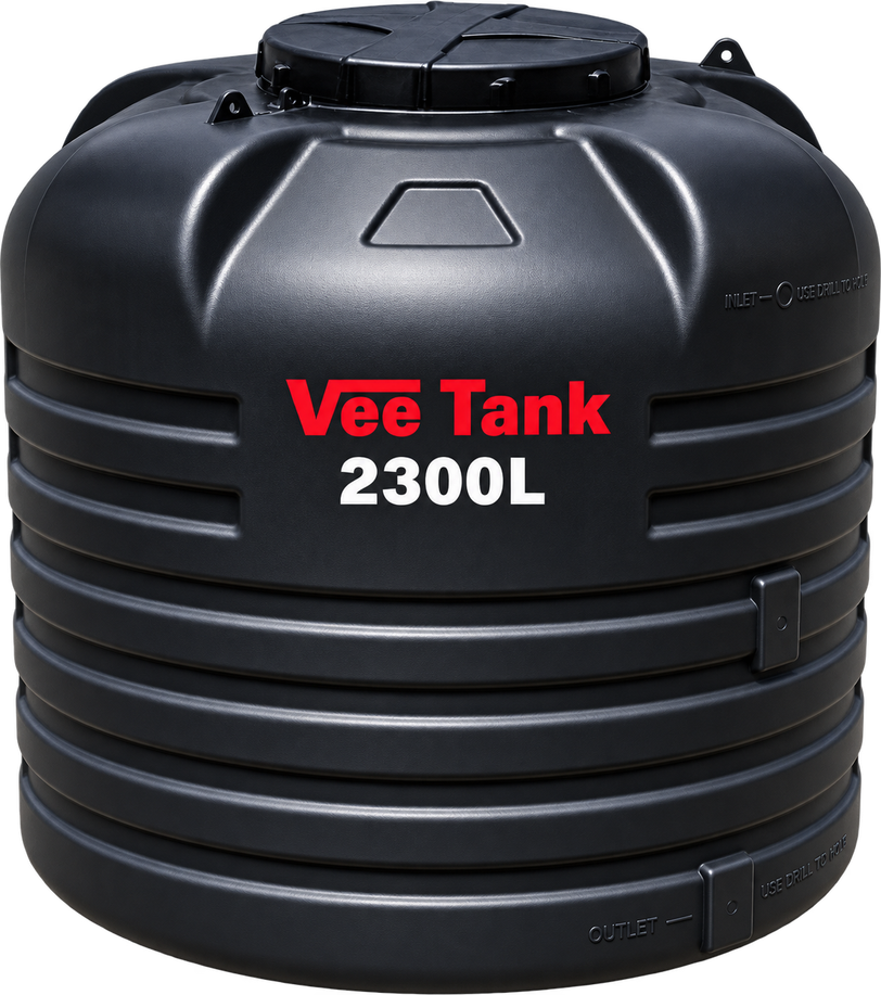 A black Vee Tank 2,300 L cylindrical water tank, with the red Vee Tank wordmark and the capacity printed in white.